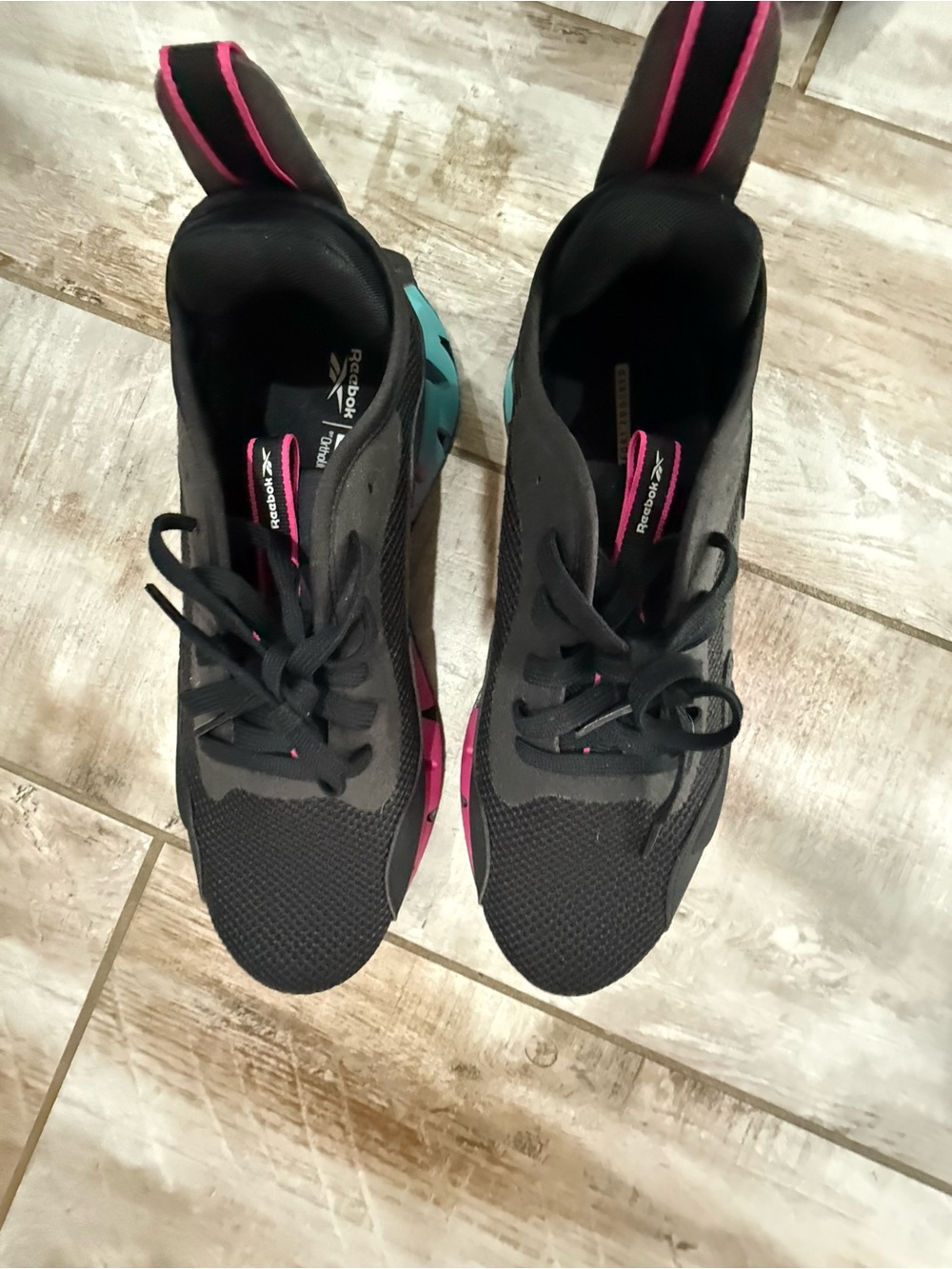 Reebok Women's Black Athletic Sneakers with Pink & Teal Details
